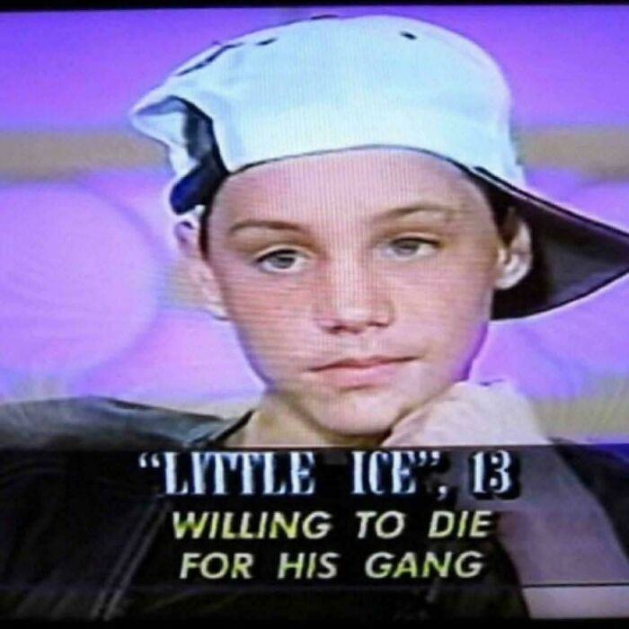 Teen in a backward cap on a '90s show, named "Little Ice", expressing loyalty to his gang.