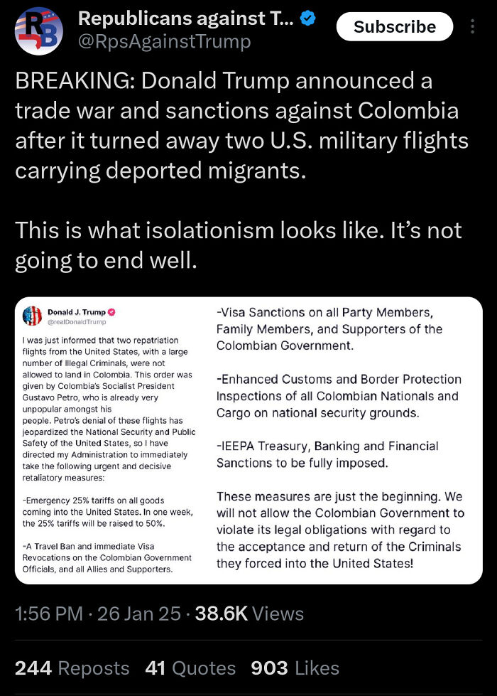 Tweet showing courageous statements on political sanctions and trade war reflecting isolationism risks and consequences.