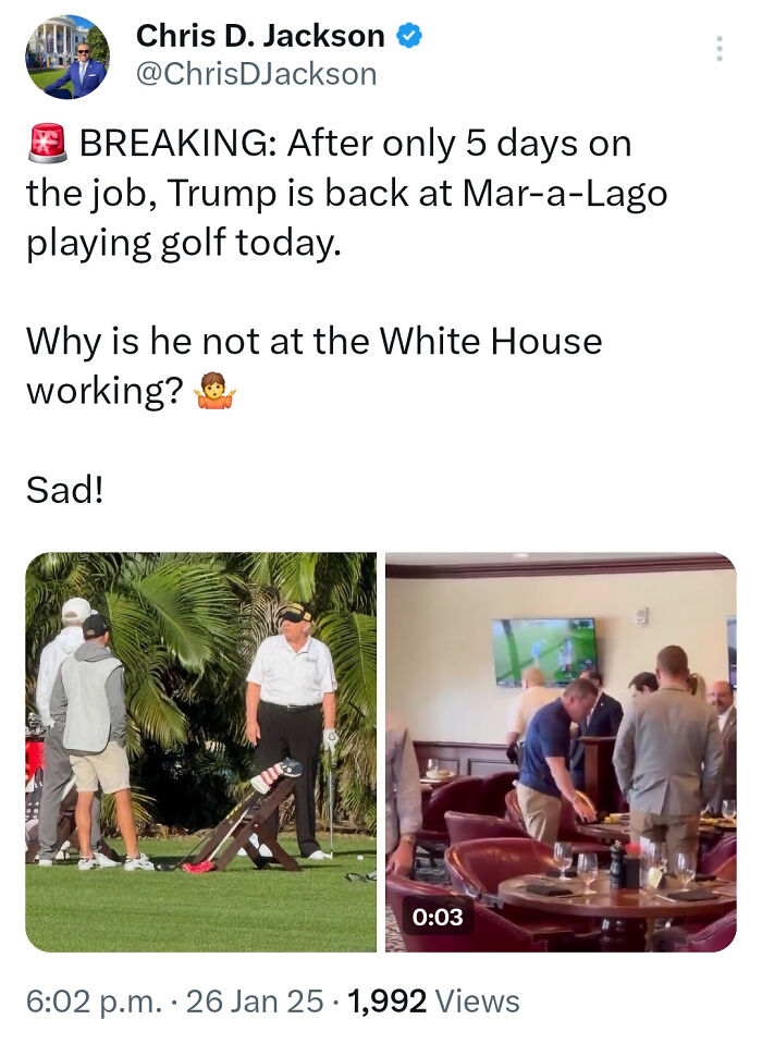 Tweet highlighting courage with photos of Trump playing golf at Mar-a-Lago, questioning his White House work presence.