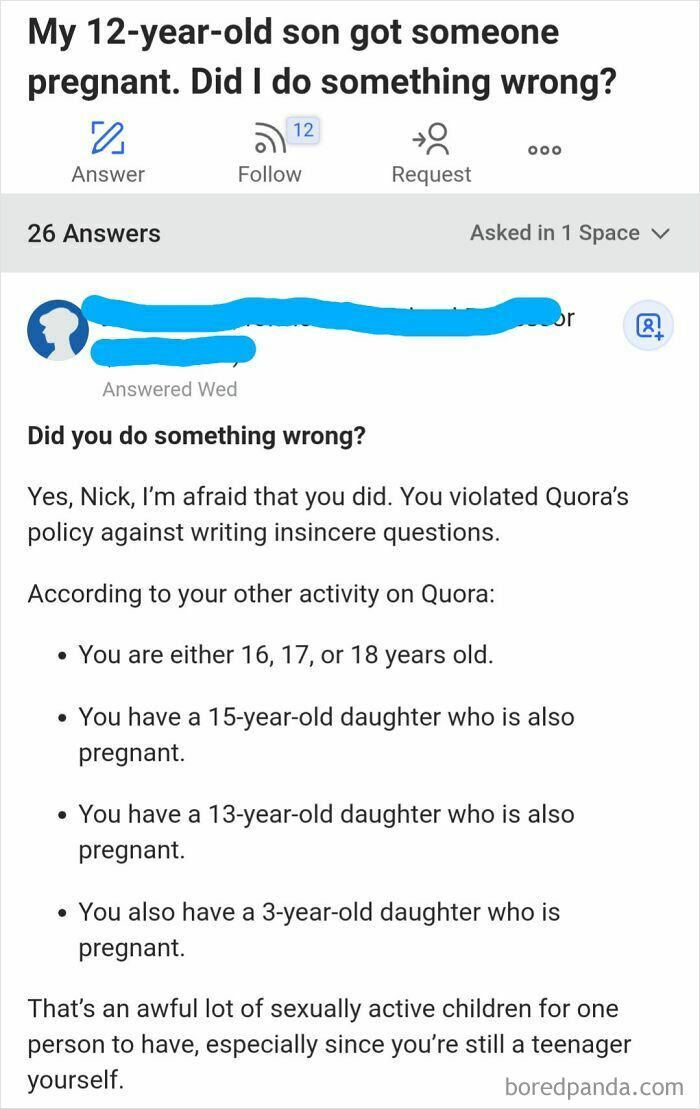 Weirdest question on Quora about a 12-year-old son getting someone pregnant, discussed in a humorous response.
