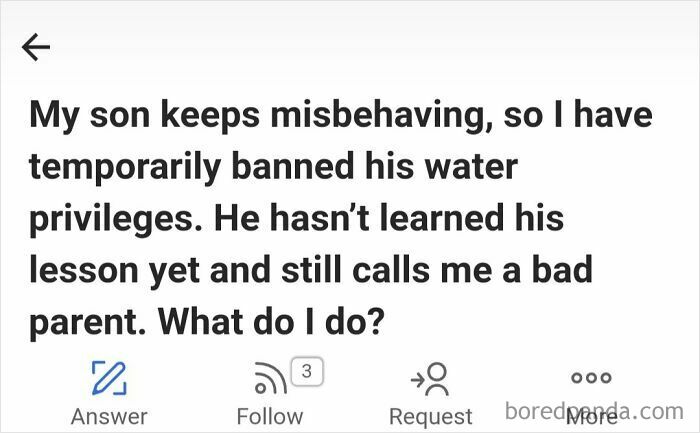 Weird question on Quora about parenting and handling misbehavior by restricting water privileges.