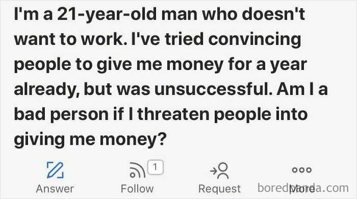 Text from Quora showing a weird question about threatening people for money.