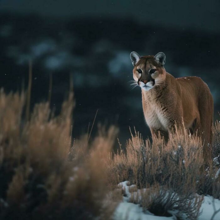 Wildlife photograph of a cougar standing amid snowy shrubs with a dark, blurred background.