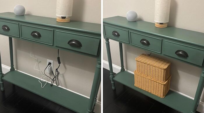 Before and after of a clutter-free console using baskets, showcasing lazy ways to banish eyesores from your home.