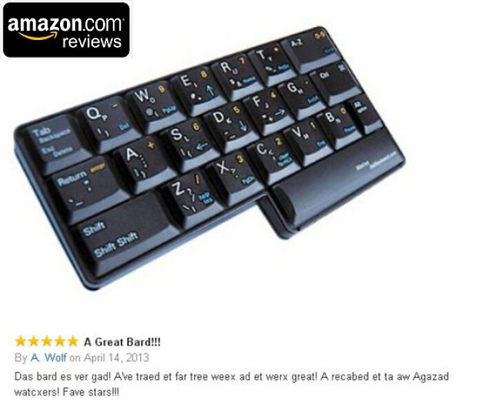 Funny review of a mini keyboard on Amazon, highlighting humorous spelling errors.