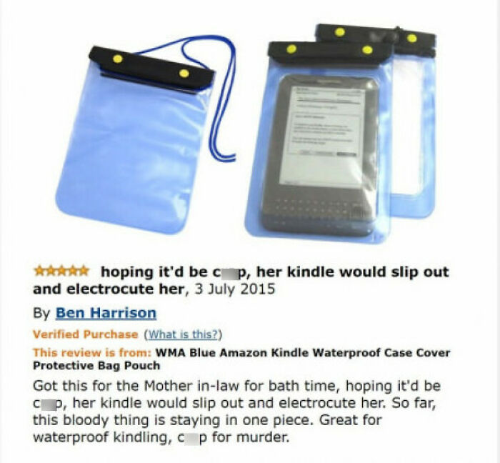 Amazon product review highlighting a funny experience with a Kindle waterproof case.