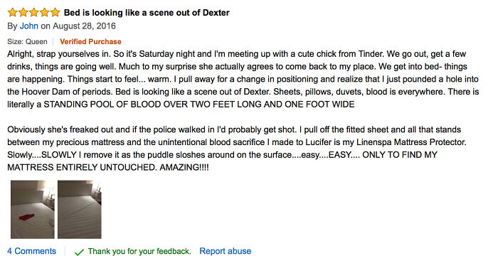 Funny review of a mattress protector describing a humorous, dramatic scene involving a bed and blood.