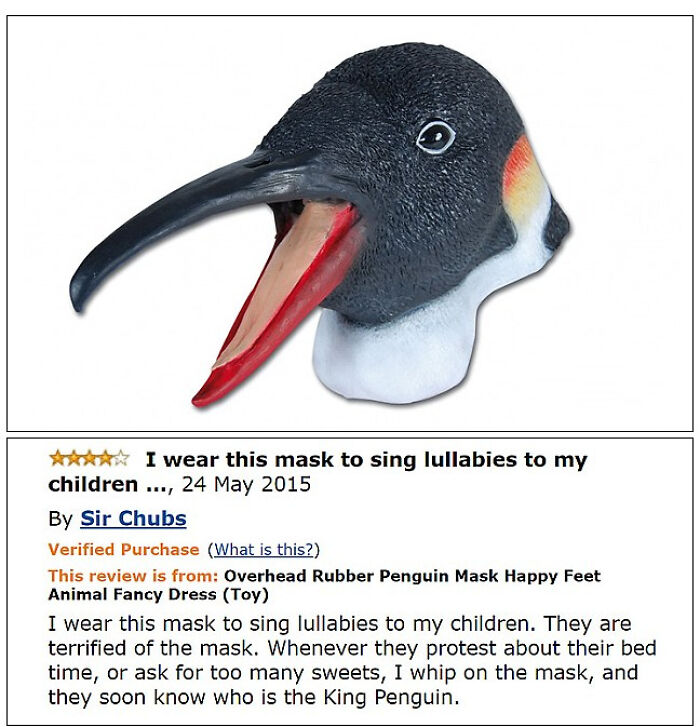 Funniest reviews: a user shares their experience wearing a penguin mask to sing lullabies, humorously describing the effect on children.
