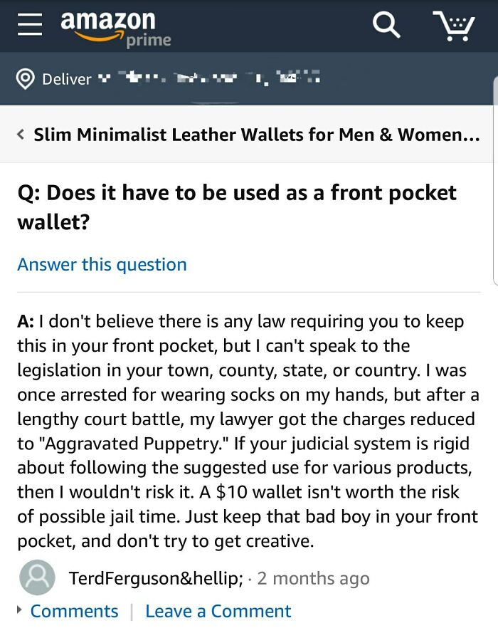 Funny online review about wallet use and legal advice.