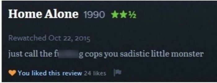 Funny review of Home Alone, giving it 2.5 stars with a humorous critique written in bold text.