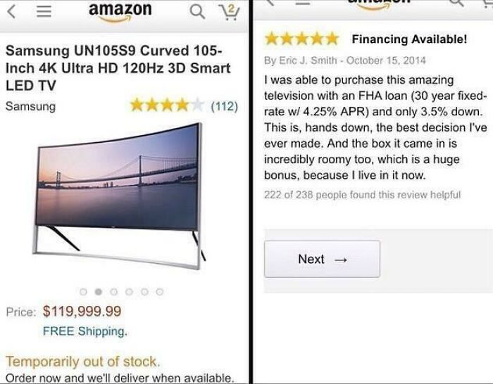 Funny review of a Samsung TV where a customer claims to live in the box it came in due to its size and financing options.