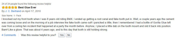 Funny review about glue fixing a loose fake tooth before a job interview.