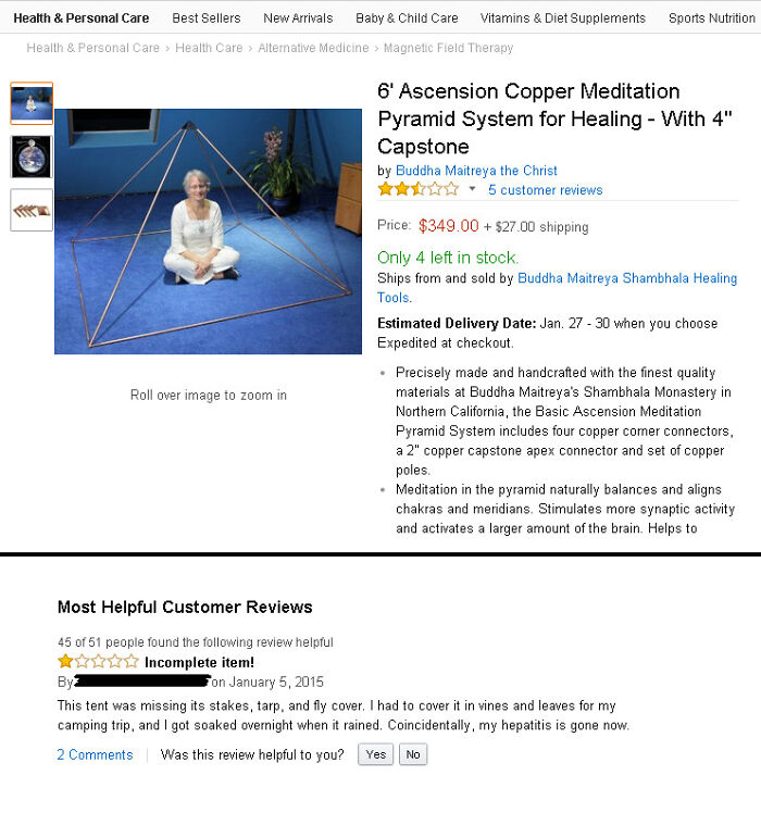 Funniest reviews image showing a meditation pyramid product page with a humorous customer feedback section.