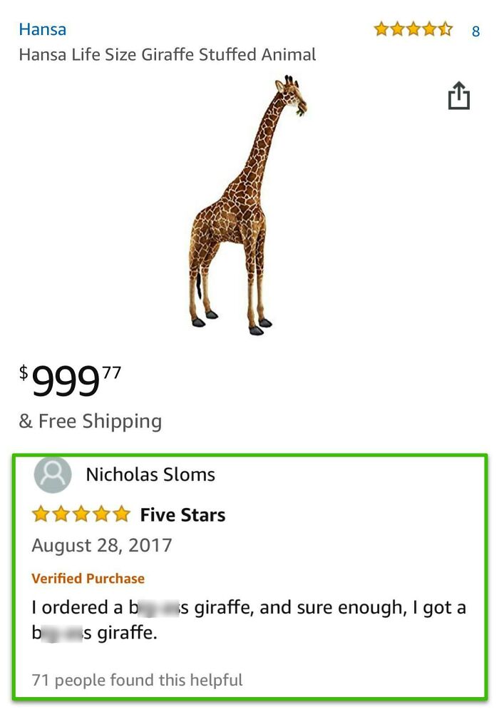 Funny review of a $999 life-size giraffe stuffed animal with five-star rating.