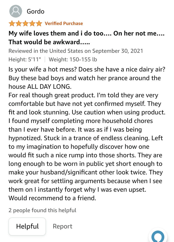 A humorous online review about a clothing product with a five-star rating.