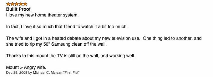 Funny review about a home theater system highlighting a humorous incident involving a TV mount.