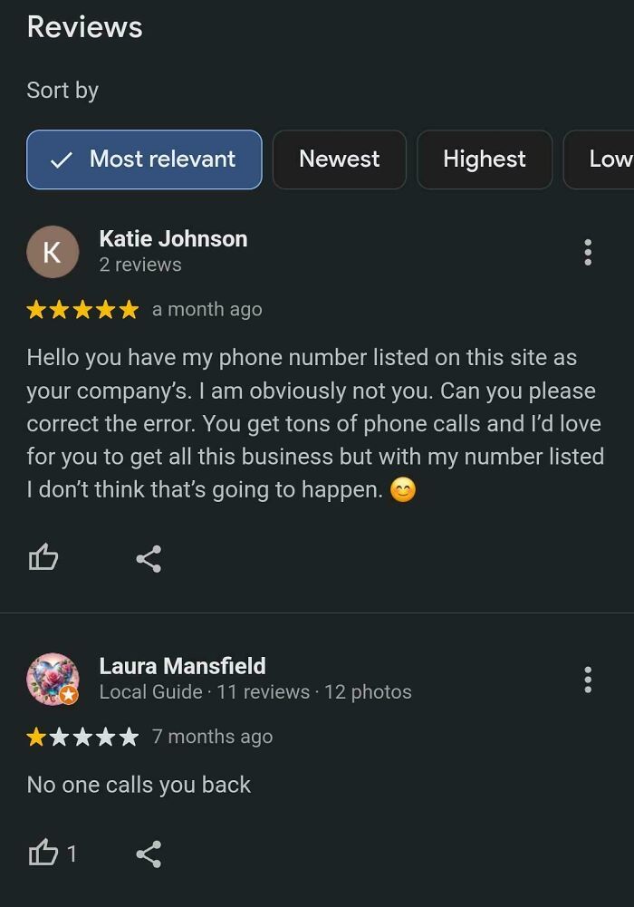 Two funny reviews online: one about a phone number mix-up, another mentions unreturned calls.