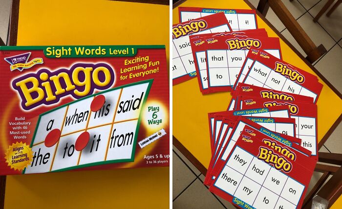 Bingo Sight Words game under $20 with red cards displaying vocabulary words.