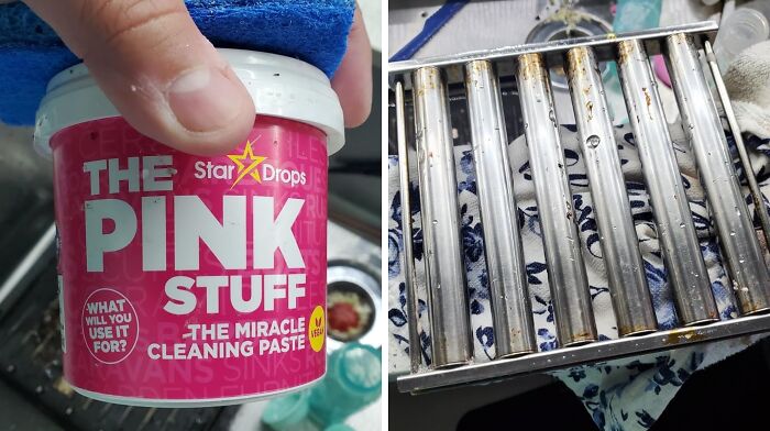 "The Pink Stuff cleaning paste next to a shiny cleaned grill, highlighting effective 5-star items under $20."
