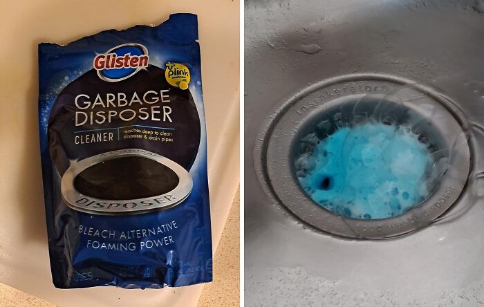 Garbage disposer cleaner package and blue foam in sink, a 5-star item under $20.