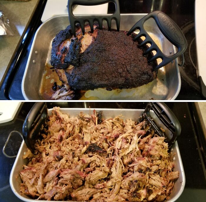 Shredding cooked meat with bear claws in a roasting pan, showcasing a 5-star kitchen item under $20.