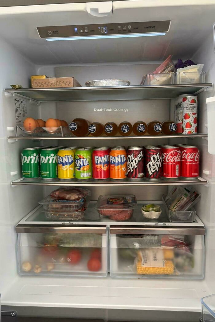 Neat organization of refrigerator with drinks, eggs, and groceries neatly arranged on shelves.