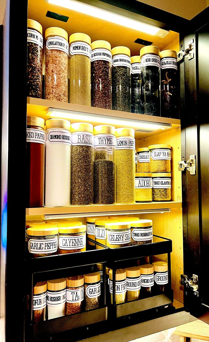 Next-level organization of a kitchen cabinet with neatly labeled spice jars arranged on shelves.