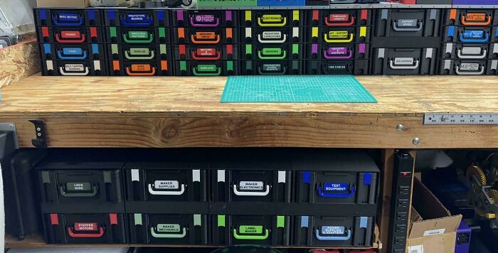 Neatly organized shelves with labeled boxes in a workspace, showcasing next-level organization.