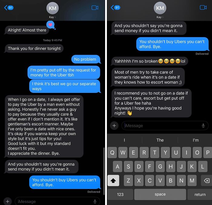 Text exchange about awkward date moments, discussing Uber fares and dating expectations.