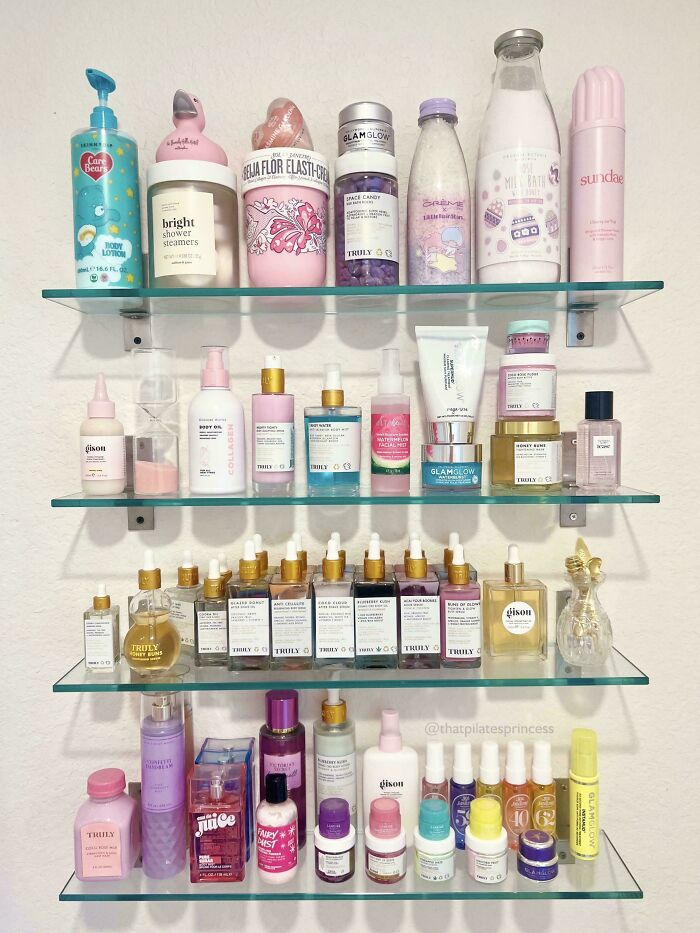 Neatly organized skincare products on glass shelves, showcasing next-level organization.
