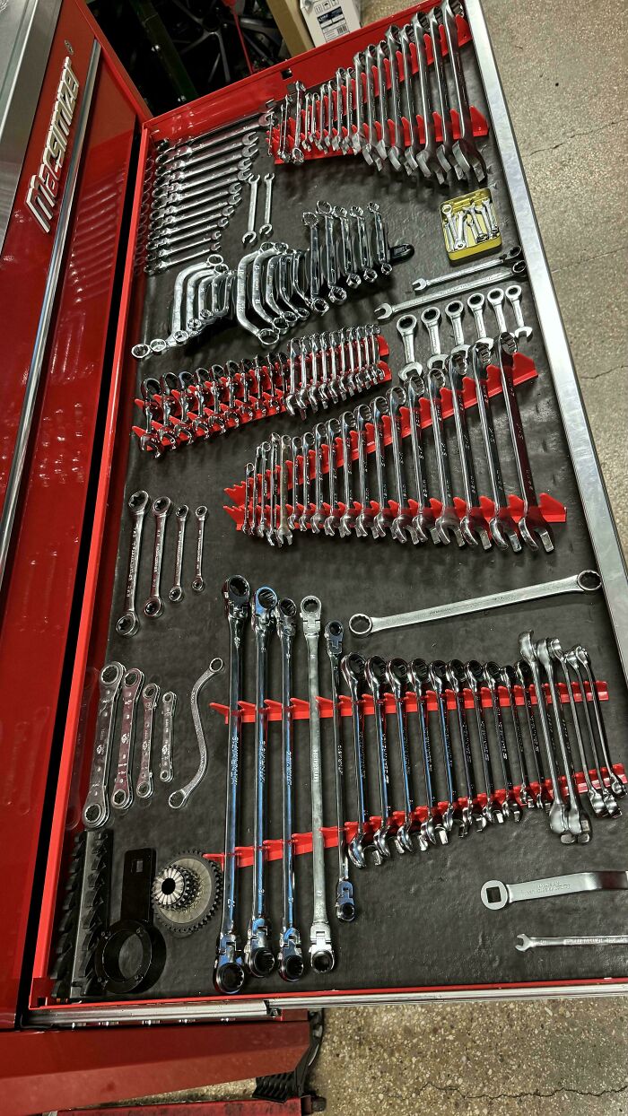 Neatly organized drawer of wrenches and tools in a red toolbox, showcasing next-level organization.
