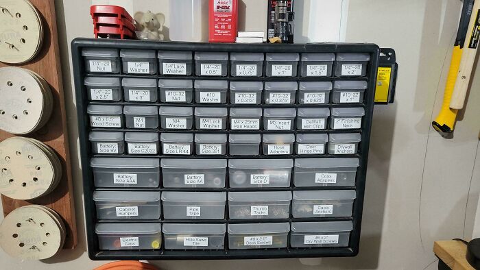 Organized storage unit with neatly labeled drawers for easy access and organization.