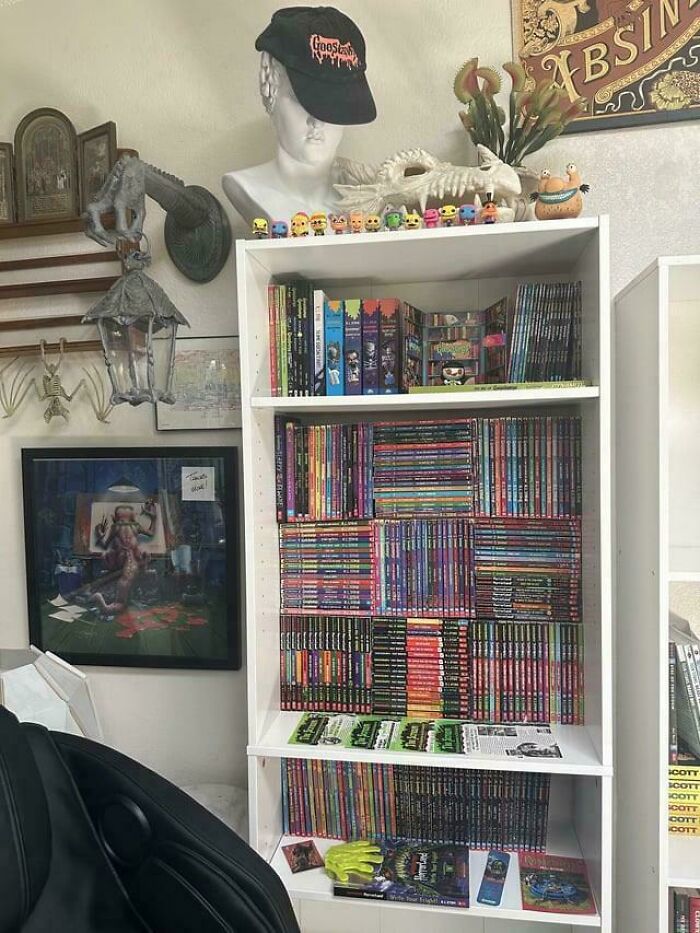 Organized bookshelf with colorful books, collectibles on top, showcasing neat results of next-level organization.