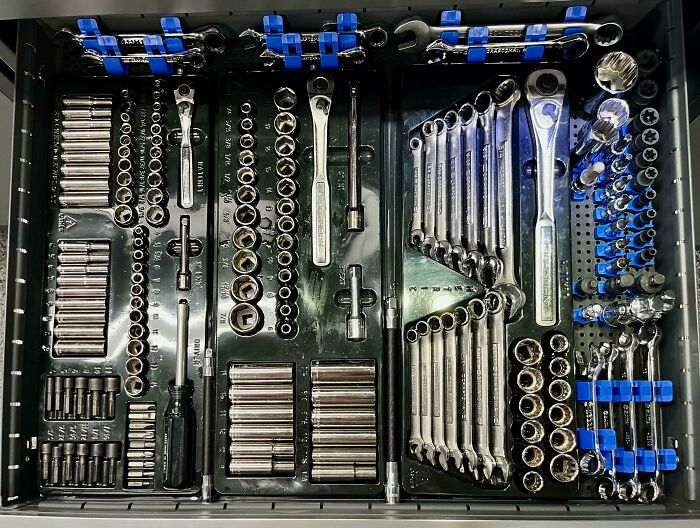 Neatly organized drawer of wrenches and sockets showcasing next-level organization.