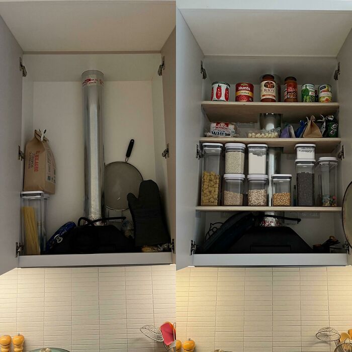 Kitchen cabinet before and after showcasing neat organization with labeled jars and stacked cans.