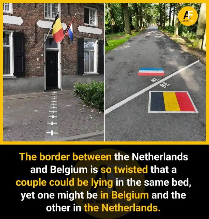 Belgium-Netherlands border with flags and road markings, illustrating random fascinating geographic fact.