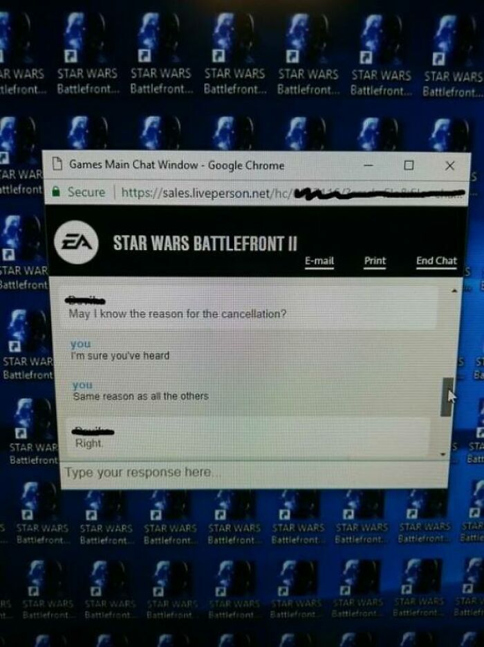Customer support chat window showing a vague exchange about cancellation with a Star Wars Battlefront II desktop background.