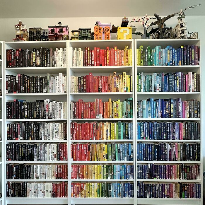 Color-coordinated bookshelf showcasing next-level organization with books arranged in a rainbow pattern.