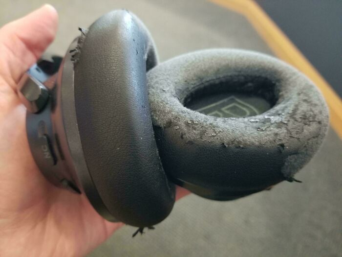 Worn-out headphones, highlighting low-quality items people bought.