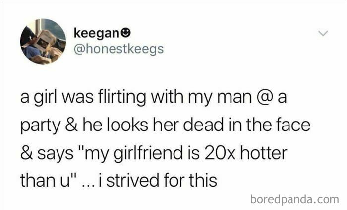 Meme about dating: a guy tells a girl his girlfriend is "20x hotter" during a party interaction.