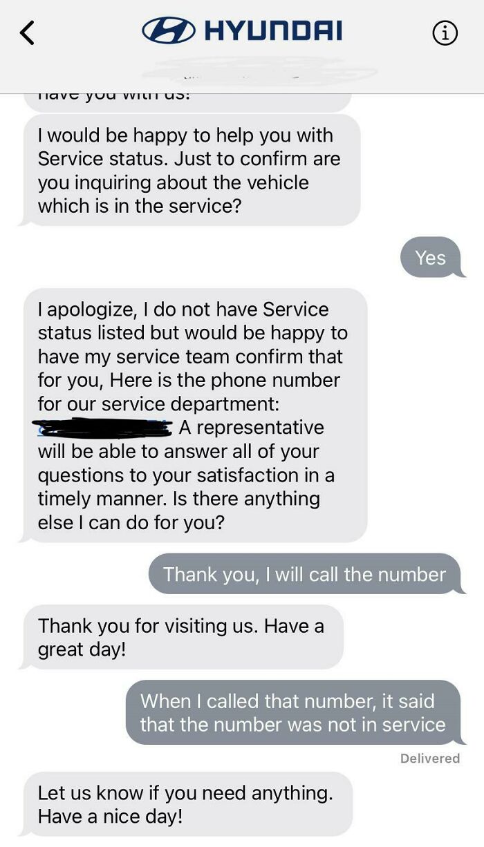 Text message exchange showing a hilariously useless customer support interaction about vehicle service status.