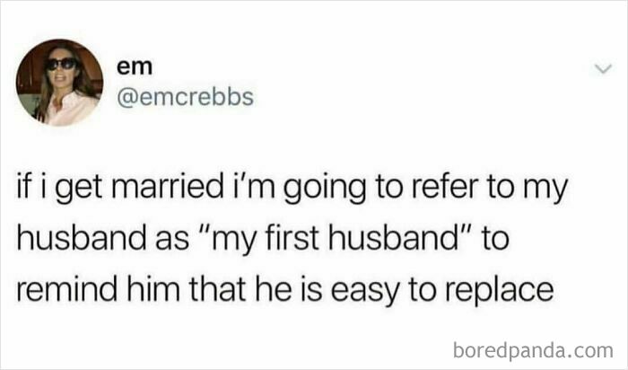 A tweet humorously highlights modern dating with a joke about referring to a husband as "my first husband."