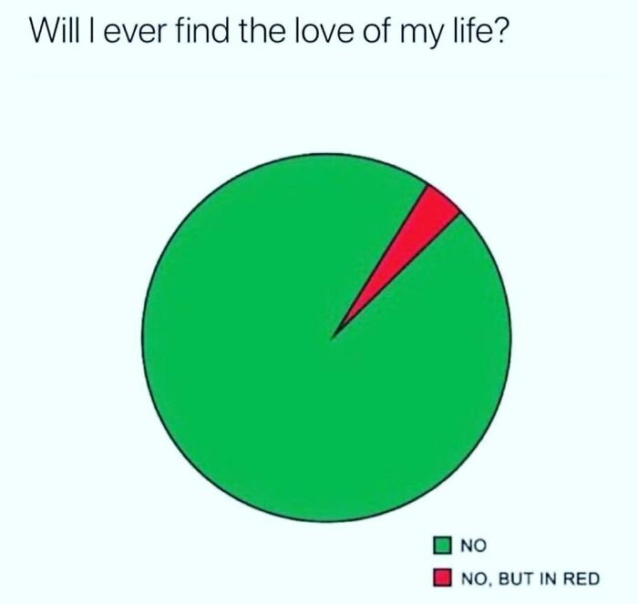 Pie chart meme humorously depicting dating struggles with a small red section labeled "No, but in red."