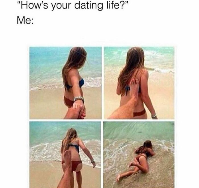 Dating memes illustrating a playful beach scene, with humorous progression of a couple near the water.