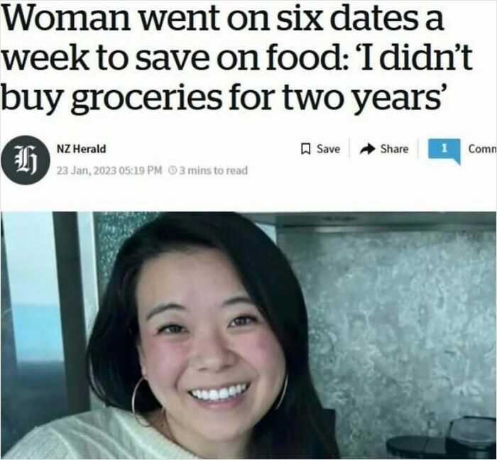 Smiling woman in a meme about saving money on groceries by going on dates, highlighting hilariously random ideas.