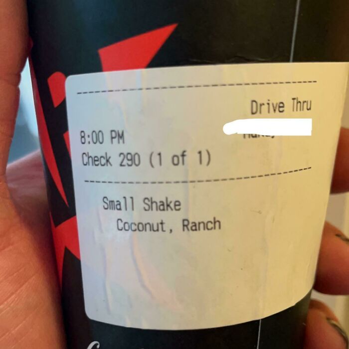 Receipt with hilarious misunderstanding: order for a coconut ranch shake.