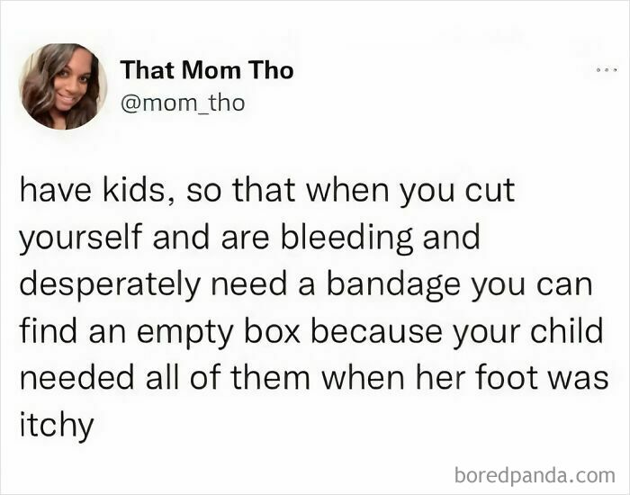 Funny tweet about mom humor, sharing a relatable parenting moment involving kids using up all the bandages.