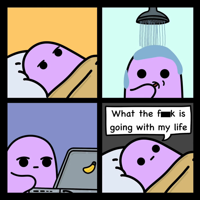 Purple character in bed, shower, and with laptop, pondering life, in a darkly funny comic.