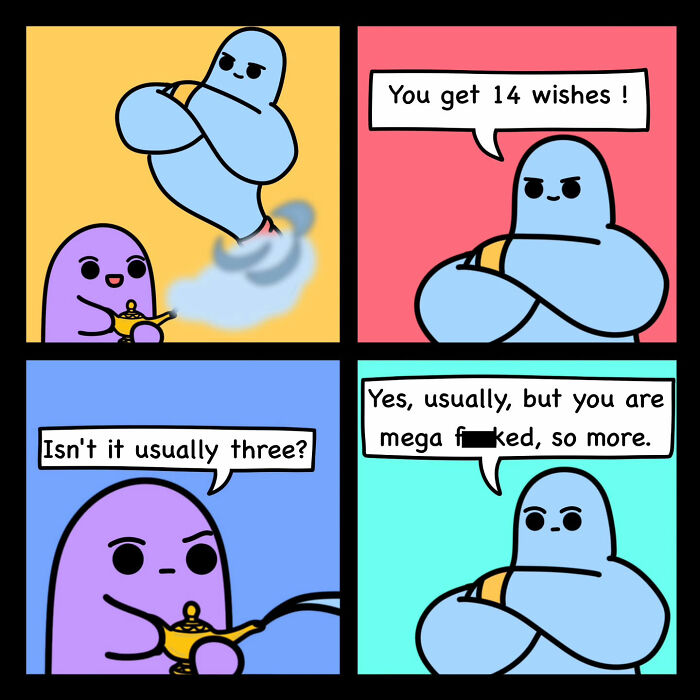 A genie offers extra wishes due to a dire situation, making for a darkly funny comic.