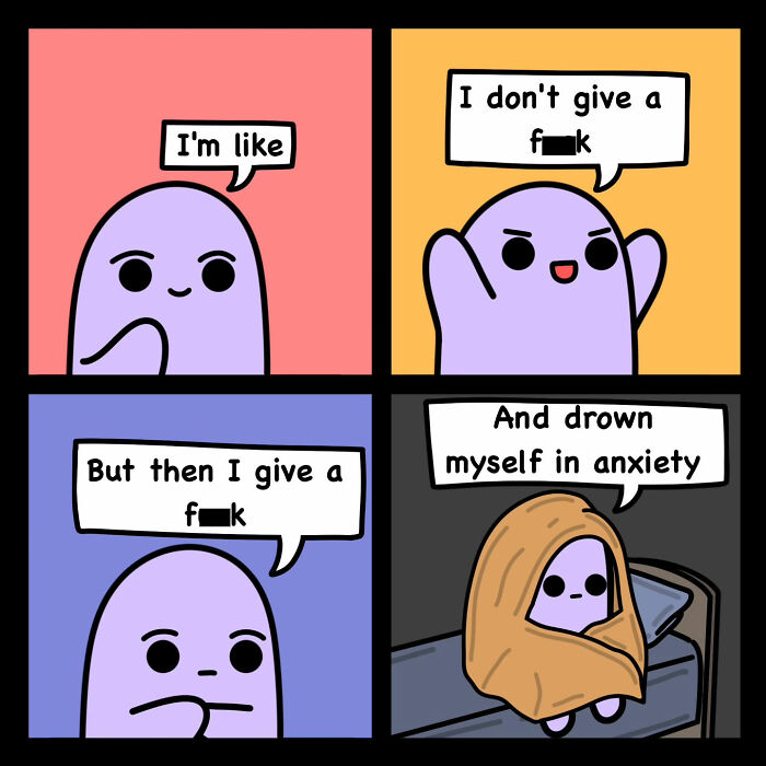 Purple character in a four-panel comic humorously expressing anxiety.